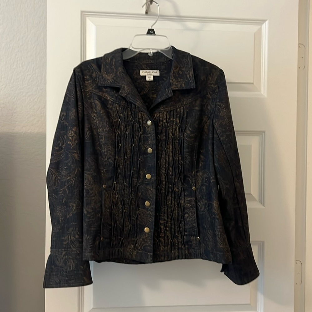 Coldwater Creek Jean denim jacket dark wash metallic print studded casual SZ 16 - Picture 1 of 16